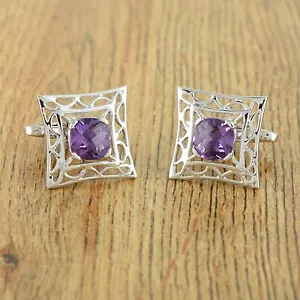 Cushion Cut Purple Amethyst Gemstone Sterling Silver Cuff links Men's Jewelry - Picture 1 of 3