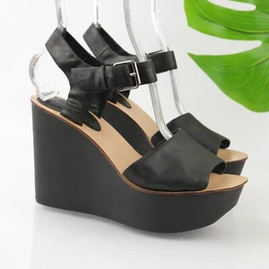 Topshop Women's Sandal Size 40 9.5 Wedge Heel Platform Black Leather Ankle Strap - Picture 1 of 12