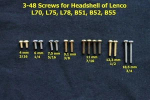 Lenco L70 L75 L78 B51 B52 B55 Headshell Cartridge Screws Kit 3-48 - Picture 1 of 9
