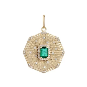 Octagon Medallion Emerald Baguette Charm 925 Silver Diamond Emerald Pendant - Picture 1 of 3