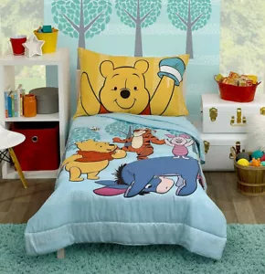 Winnie the Pooh Bear Toddler Cot Bed Comforter Quilt & Sheet Set Blue - Picture 1 of 8