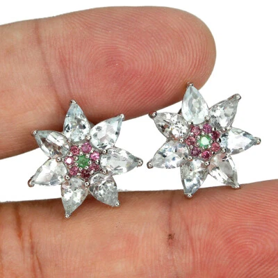 925 Sterling Silver Earrings Pear Aquamarine Emerald Rhodolite Gemstone Jewelry - Image 1 of 4