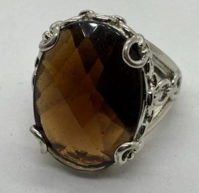 Unusual Chunky Fashion Ring in Silver Tone Spooky Chain and Dark Gem Size 8 - Image 1 of 4