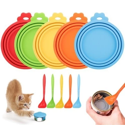 Cubierta de lata de comida para mascotas de 5 piezas con tapa de silicona segura para cuchara para comida para perros gatos Foto 1 de 4