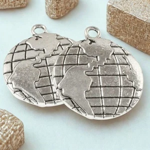6 Silver Globe Pendants, Earth Map for Travel-Inspired Jewelry or Keychains - Picture 1 of 6
