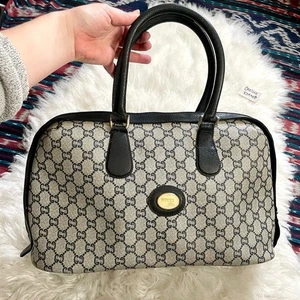 Gucci Plus Navy Satchel Handbag Bag Vintage Purse Doctors Boston Bag GG Monogram - Picture 1 of 19