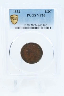 1832-P PCGS VF20BN cabeza clásica medio centavo huelga de negocios Foto 1 de 2