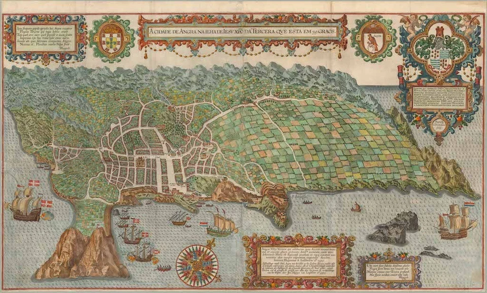 1596 Linschoten View of Angra do Heroísmo, Azores; Earliest Printed Map of Angra - Image 1 of 1
