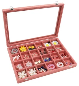 Schmuck Organizer Samt Schmuck Tablett 24 Gitter Schmuckkästchen mit Deckel Stapelbar... - Bild 1 von 7