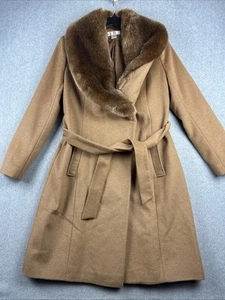 Overcoat Womens Medium Tan Topcoat Long Wool Blend Faux Fur Trim Career Mob Wife - Picture 1 of 10