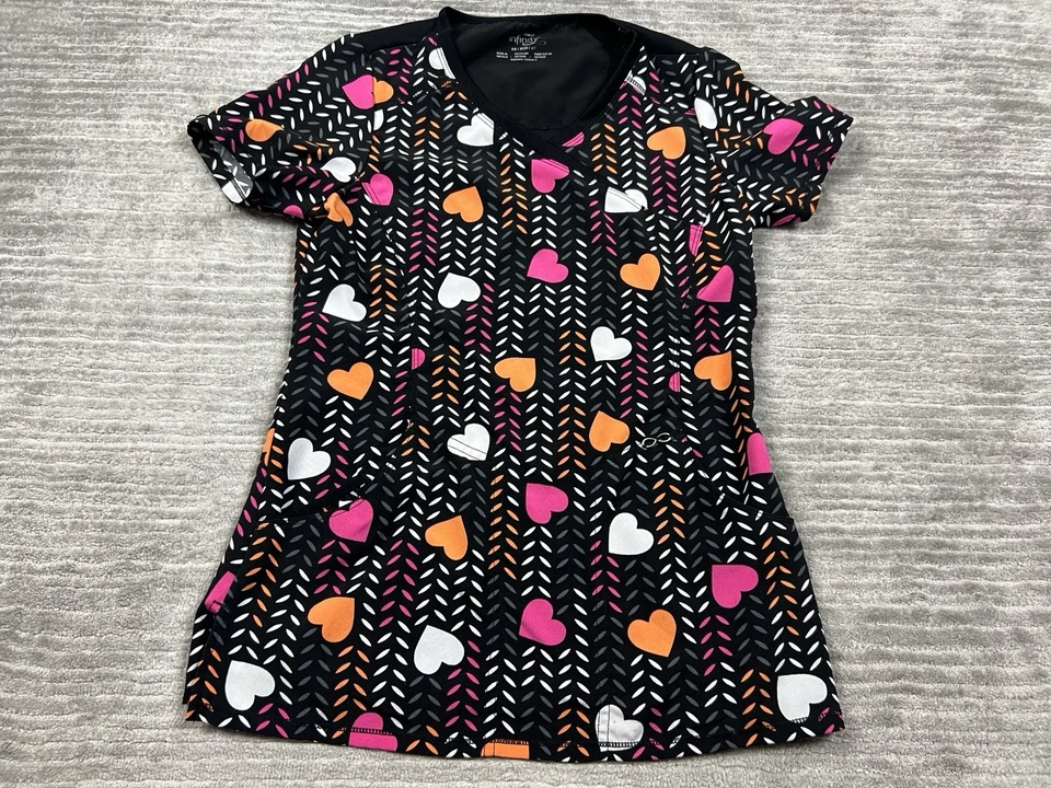 Cherokee Infinity Scrub Top Womens XS Hearts Short Sleeve VNeck - Image 1 of 4