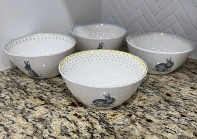 4 Spode MEADOW LANE Easter Bunny Pastel Colors Gold Accents 6" Cereal Bowls - Image 1 of 4