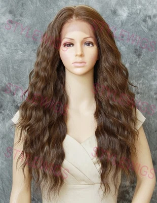 Peluca marrón claro/rubia larga ondulada calor OK encaje frontal/parte superior mezcla cabello humano EVEC Foto 1 de 4