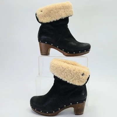 Botas UGG para mujer 5 MOUTON con tapa enrollable NEGRAS cuero piel de oveja tacón 3207 Foto 1 de 4