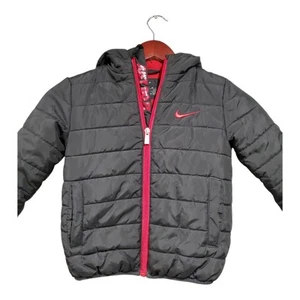 Nike Boys Youth Hooded Coat Jacket Puffer Black Red Full Zip Sz XS 3-4 Years - Picture 1 of 15