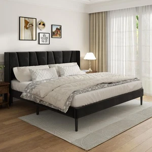 King Bed Frame with Headboard and Wingback, Velvet Upholstered Platform Bed, ... - Picture 1 of 8