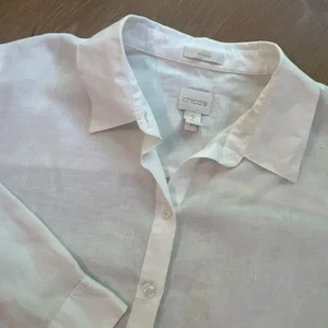 Chico’s 100% Linen No Iron Button Up 2/3 Sleeve Shirt Size 2 (12/14) Coastal - Picture 1 of 4