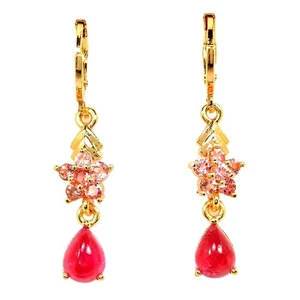 NATURAL AAA PINK TOURMALINE PEAR & ROUND BRASS YELLOW GOLD PLATED FLOWER EARRING - Picture 1 of 6