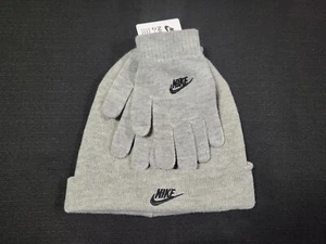 NIKE Boys Youth 8/20 2 Piece Fold over Futura Beanie Warm Hat Gloves Set Gray - Picture 1 of 8