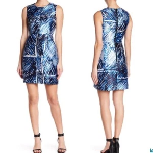 MILLY Blue Black White Scribble Print Satin Twill Sheath Mini Dress w/Pockets 8 - Picture 1 of 7