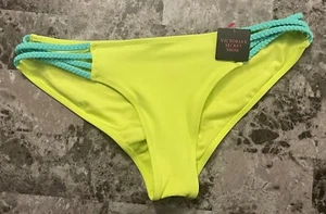 VICTORIA'S SECRET S YELLOW GREEN AQUA BRAID STRAPPY RARE CHEEKY BIKINI BOTTOM - Picture 1 of 4