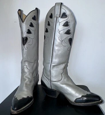 Botas Vaqueras Justin Heart De Colección Años 80 Talla 5.5 6.5 Plateadas Negras Años 70 80 ¡BONITAS! Foto 1 de 4