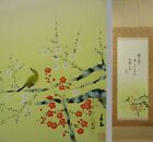 UK944 Spring Ume plum tree Bush Warbler Bird Hanging Scroll Japanese painting