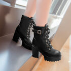 Women Chunky Block Heel Punk Buckle Motor Biker Boots Lace Up Riding Ankle Boots