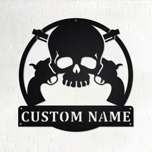 Personalized Skull with Guns Metal Name Sign, Wall Art, Home Decor, Outdoor Gift