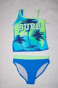 Girls 2 PC SWIMSUIT Tankini Set BLUE & GREEN Palm Trees SURF Off Shldr S 6-6X - Picture 1 of 2