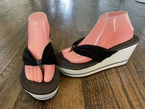 JESSICA SIMPSON Wedge Platform BLACK Terry Cloth Thong Sandals Women's Sz 9.5 - Picture 1 of 22