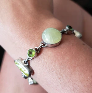 Vintage 925 Sterling Silver 9.5" Green Gemstone Peridot Pearl Link Bracelet Boho - Picture 1 of 11