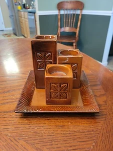 4 Piece Brown Ceramic Tea Light Votive Candle Holder Set w/Tray Vintage - Picture 1 of 2
