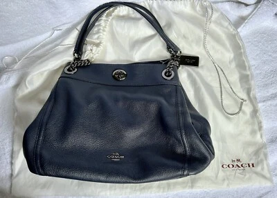 Bolso de Hombro Coach Edie Turnlock Cuero Guijarro Azul Estaño Listo para Regalo  Foto 1 de 4