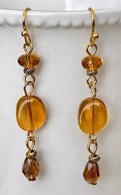 Etched Gold and Golden Yellow Bead and Crystal Teardrop Dangle Earrings. - Image 1 of 4