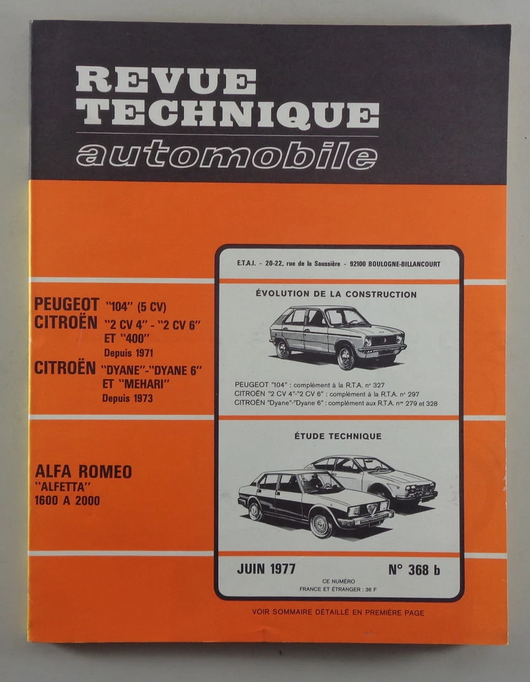 Manual de Reparación Revue Technique Peugeot 104/ Citroen/ Alfa Romeo Alfetta - Imagen 1 de 1