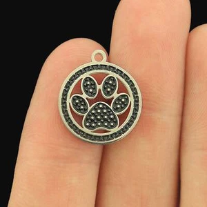 Stainless Steel Paw Charm - Enamel Black Accents - 17mm x 15mm - 1 Charm - Picture 1 of 1