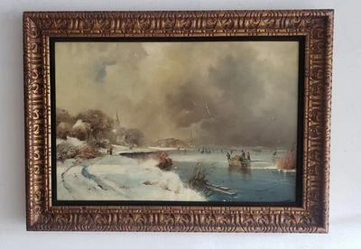 VIntage картина маслом зимнее катание на коньках пейзаж подпись в рамке 43,5 «x 32» - Изображение 1 из 4