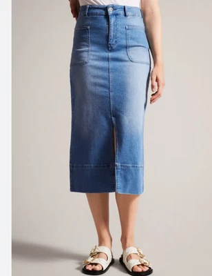 TED BAKER Midi Skirt Womens TB 2 UK 10 Jomana Mid Blue Denim Pencil NEW - Image 1 of 4