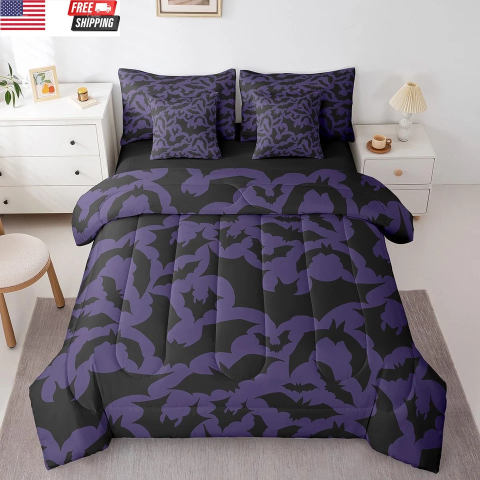 Juego de edredón para niños con temática de Halloween 7 piezas tamaño queen, murciélagos negros estampado animal S Foto 1 de 4