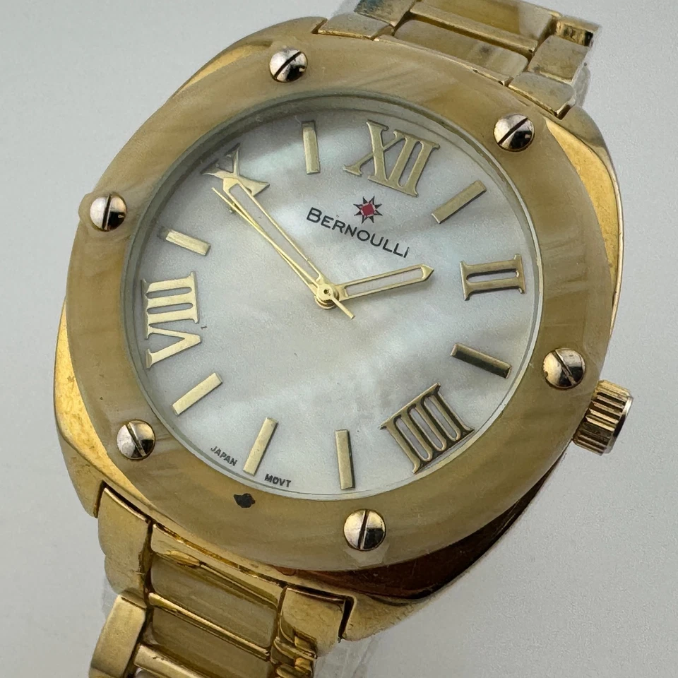Bernoulli Reloj Cuarzo Unisex Tono Dorado Ónix Look Japón Analógico Batería Nueva 6.5" Foto 1 de 4