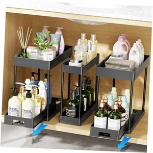 3 Pack Under Sink Organizers and Storage, 2 Tier Black Bathroom Cabinet - Picture 1 of 8