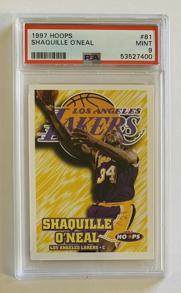 1997-98 NBA HOOPS #81 SHAQUILLE O'NEAL PSA 9 - NBA LA LAKERS BASKETBALL CARD - Image 1 of 2