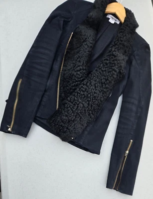 Jaqueta de motociclista HELMUT LANG preta denim com gola/aparado de pele de cordeiro Shearling - P - Imagem 1 de 4