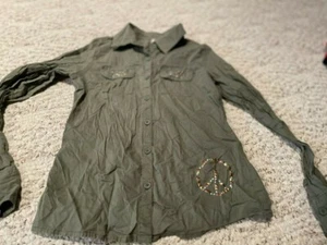 Olive green 100% cotton shirt button top peace girls size 10 Justice   - Picture 1 of 3