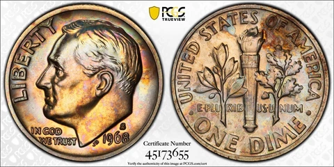 PR66 1968-S 10C Roosevelt Proof Dime, PCGS Secure- Pretty Rainbow Toned Cover
