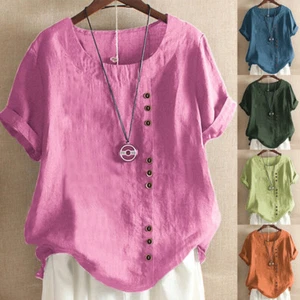 Women Cotton Linen Casual Loose Blouse Ladies Summer Baggy T-Shirt Tunic Tops - Picture 1 of 18