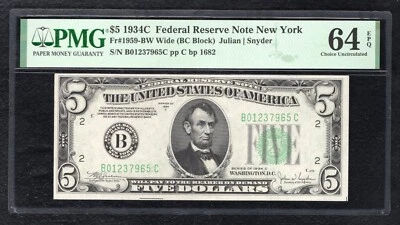 FR. 1959-BW 1934-C $5 WIDE FEDERAL RESERVE NOTE NEW YORK, NY PMG UNC-64EPQ (C) - Image 1 of 2