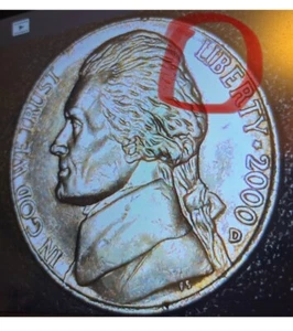 2000 P Jefferson Nickel ERROR ON Liberty , The L And I Is Together - Picture 1 of 9