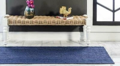 Jute Rug Runner Natural Rectangle Area Rug in Rustic Floor Mat- Blue - Image 1 of 4